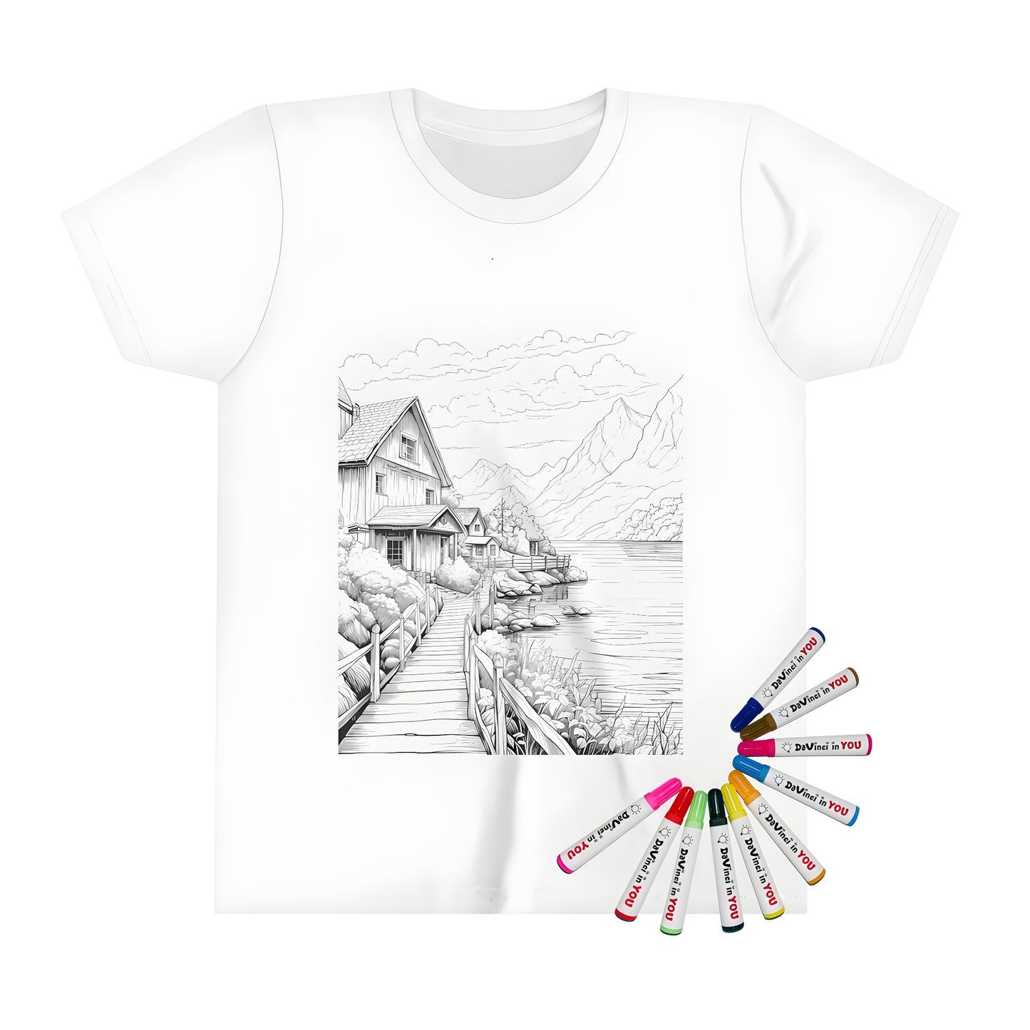 Kid's coloring t-shirt with countryside landscape design featuring rolling hills, peaceful lake scene, and wooden path