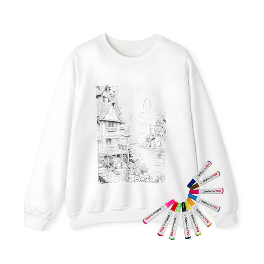 Adult sweatshirt featuring intricate black-and-white drawing of homes by rivers, wooden pathways, and mountains in the background - perfect for adult coloring