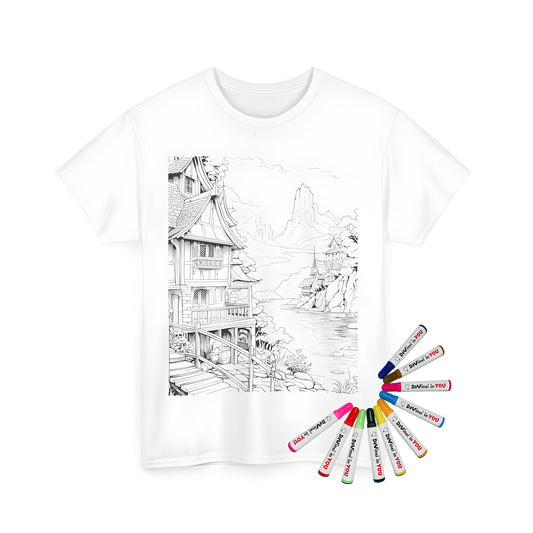 Coloring page design of riverside houses, wooden pathway, and mountains on a unisex t-shirt