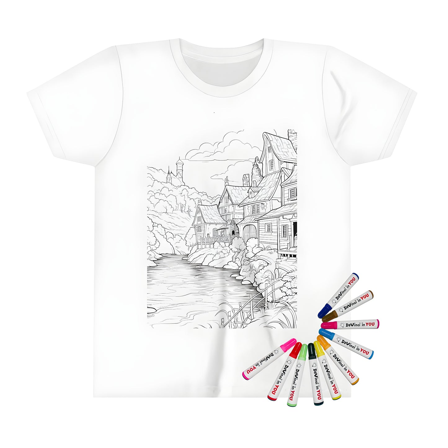 Colorful village scenery printed on a kid's t-shirt