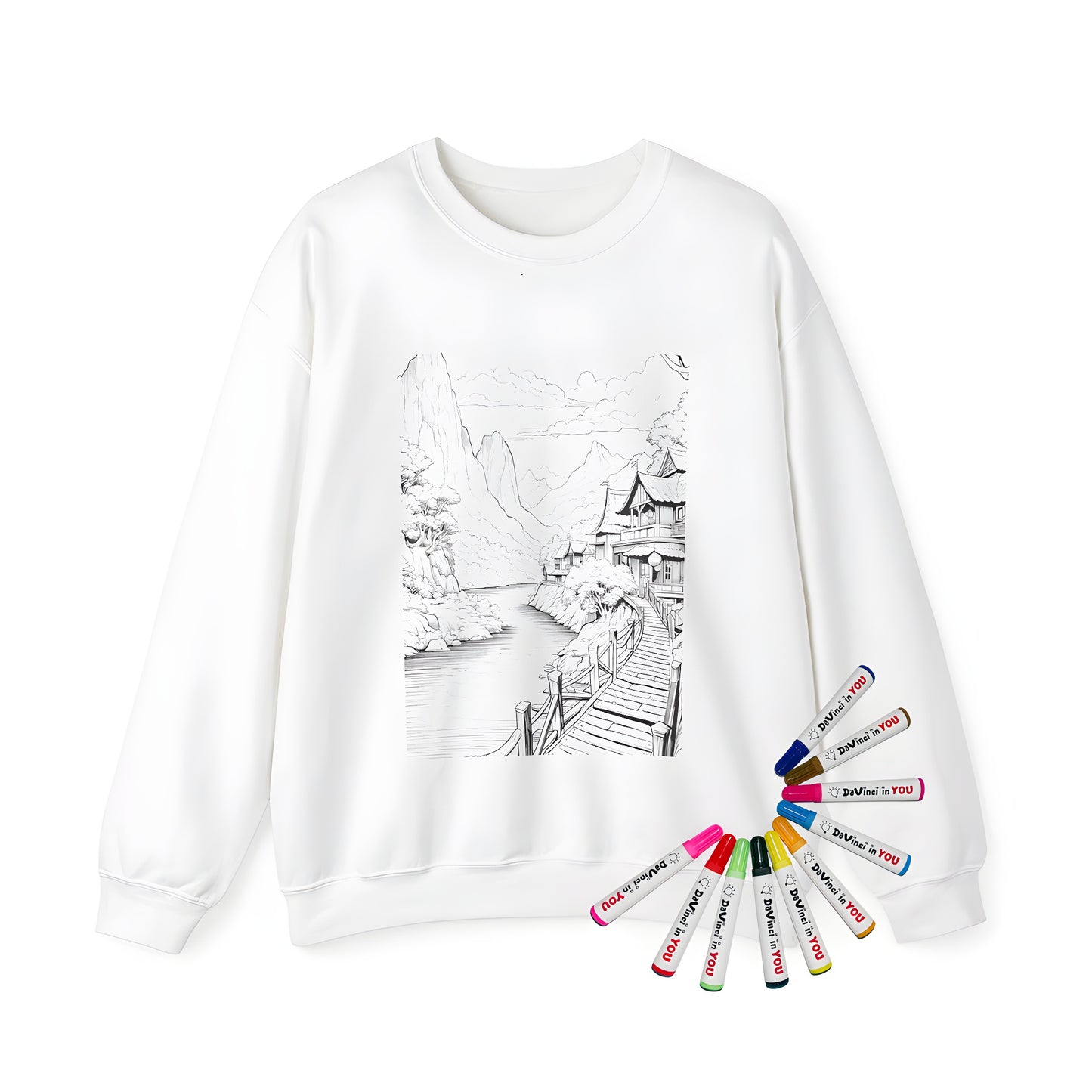 Colorful Adult Sweatshirt featuring a beautiful traditional village scene with a river, trees, and wooden bridge - perfect for adult coloring enthusiasts