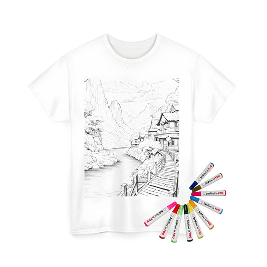 Unisex t-shirt with detailed drawing of a traditional mountain village scenery, featuring a river, trees, wooden bridge and landscape on a coloring page design