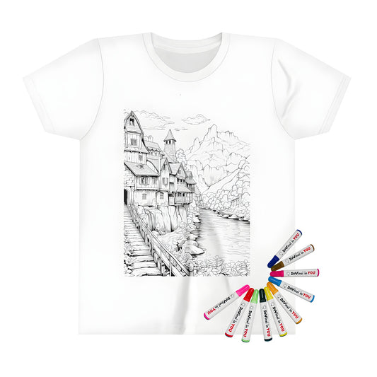 Detailed black and white coloring page design on kid's t-shirt featuring a serene countryside village scene with houses, river, and wooden bridge against mountain backdrop