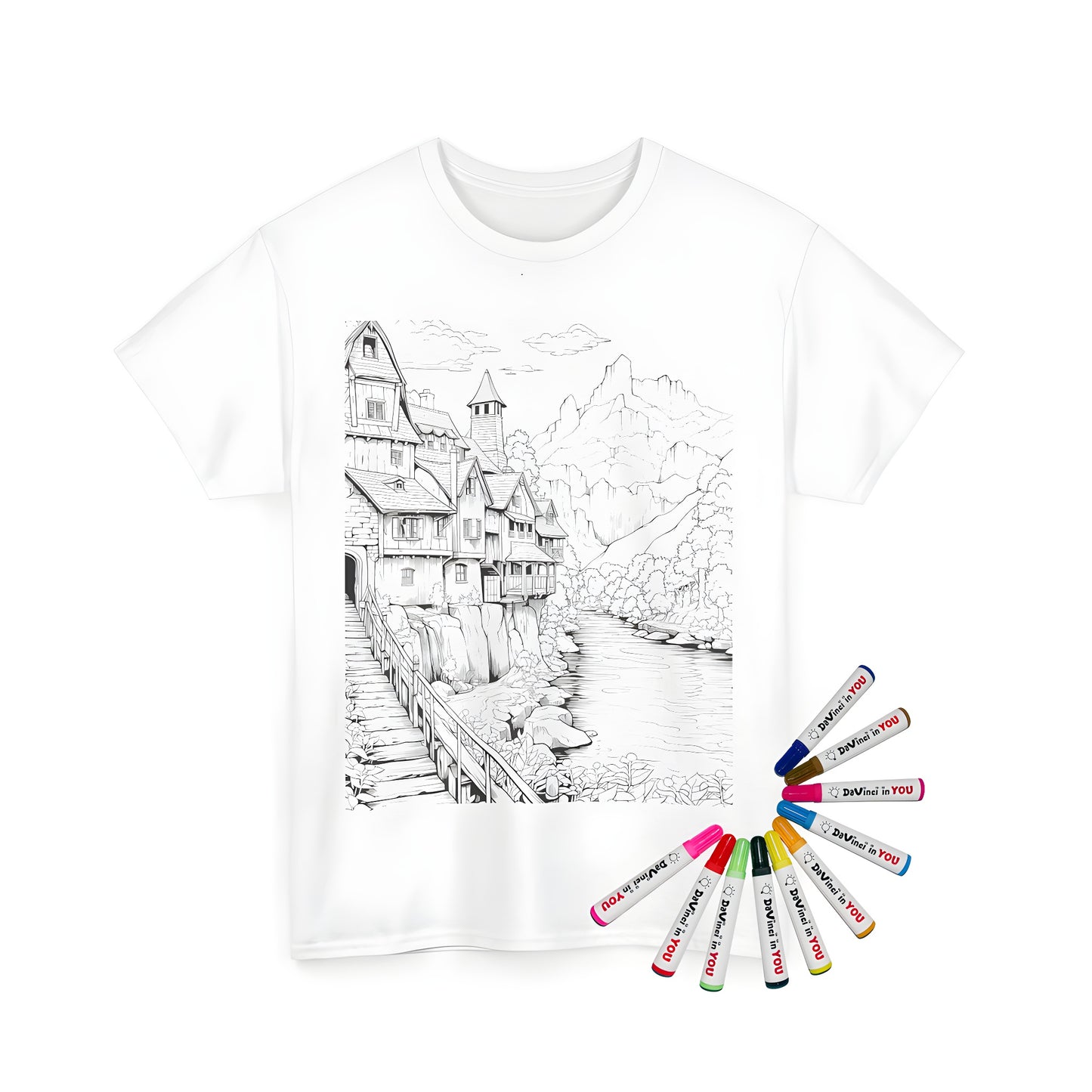 Coloring T-shirt of serene landscape village scene with houses, river and wooden bridge