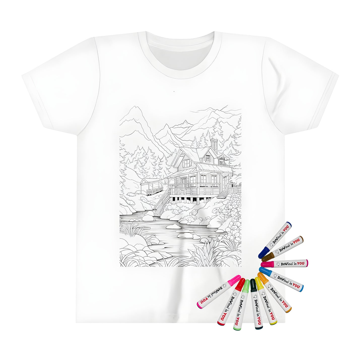 Kid's t-shirt with a detailed coloring page inspired mountain lodge design