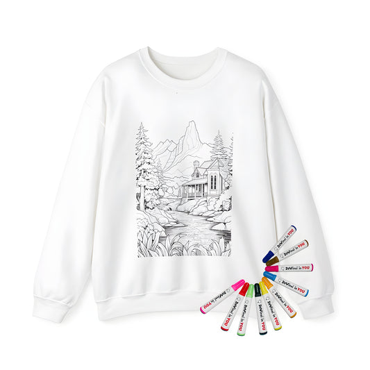 Adult sweatshirt featuring an illustration of a cabin scene with mountains, trees, and a river