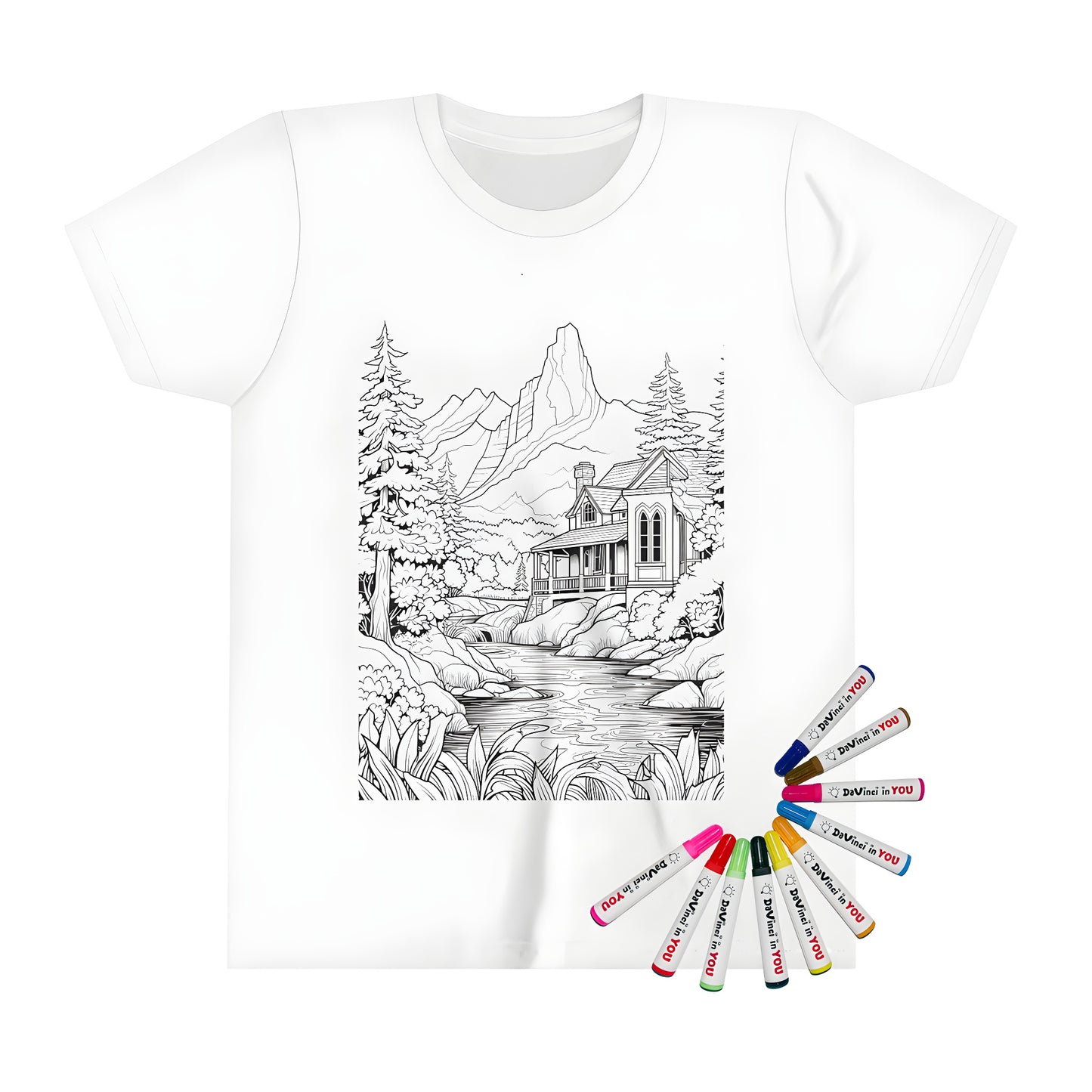 Coloring kit kid's t-shirt featuring a black and white cabin illustration by a river