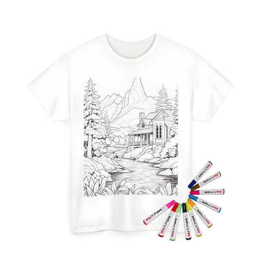 Coloring kit for unisex t-shirt featuring a cabin illustration by a river surrounded by trees and mountains