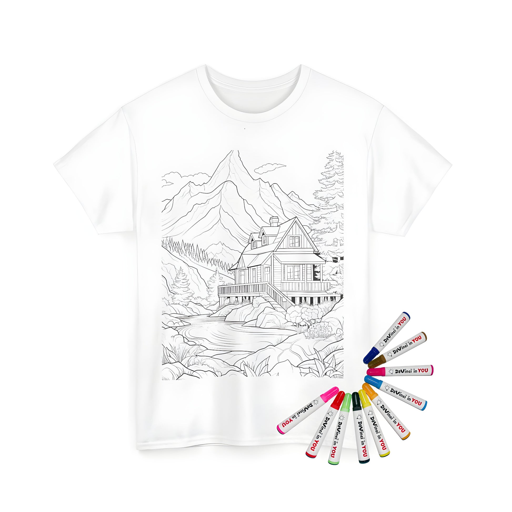 A cozy unisex t-shirt featuring a detailed coloring page design of a cabin nestled by a river, surrounded by majestic mountains and lush trees in a serene natural setting. Perfect for outdoor enthusiasts and nature lovers alike.