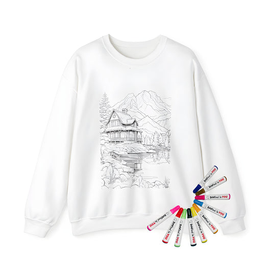 Cozy mountain cabin-themed adult sweatshirt for coloring, featuring a detailed lake scene and trees, with a dock and mountains in the background.