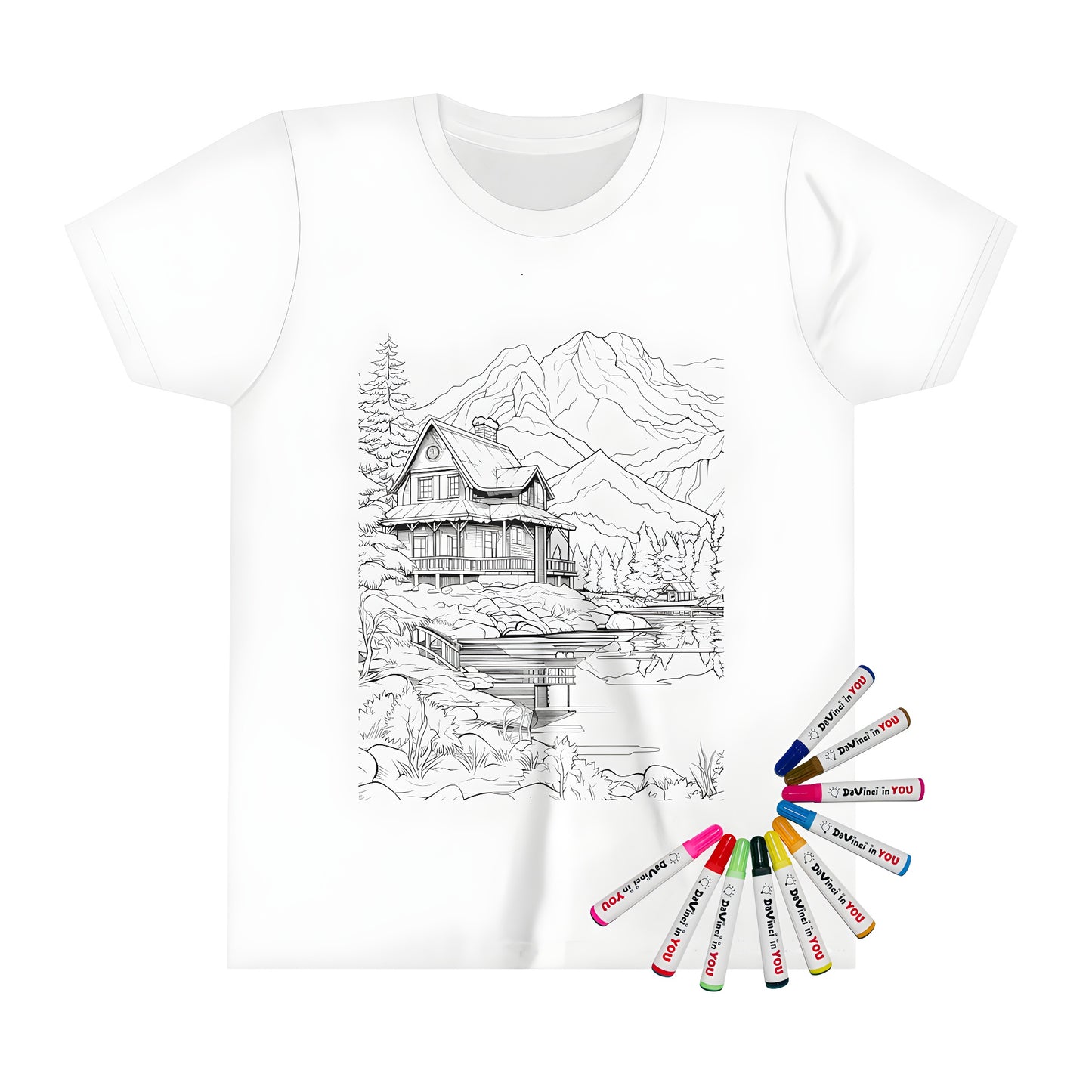 Mountain cabin t-shirt, Kid's tee with lake and tree scenic design, 10 fabric markers included