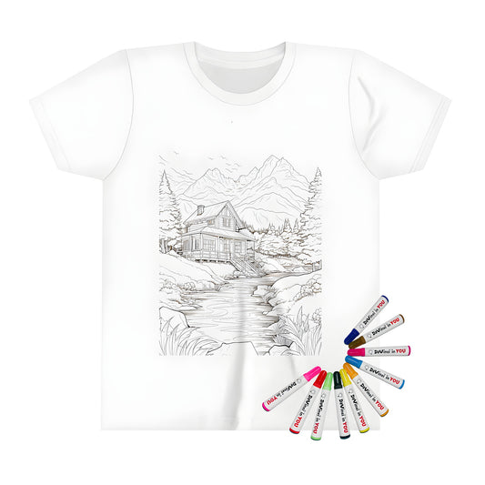 Mountain lodge tee with detailed design of a cabin beside a river with trees and mountains in the background