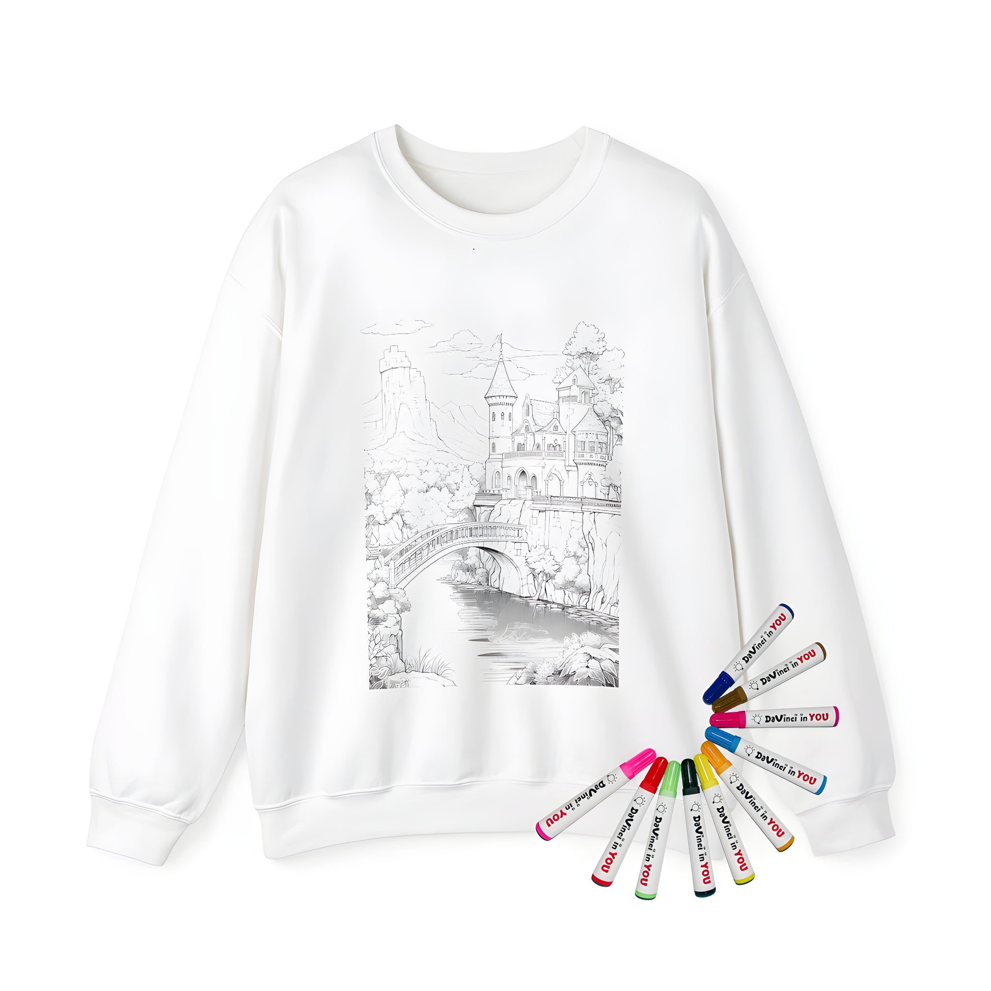 Adult sweatshirt featuring an intricate black and white illustration of a castle with towers, bridge over river, surrounded by trees and mountains. Perfect for medieval fans and enthusiasts.