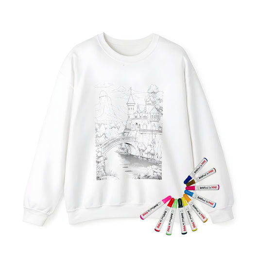 Adult sweatshirt featuring an intricate black and white illustration of a castle with towers, bridge over river, surrounded by trees and mountains. Perfect for medieval fans and enthusiasts.