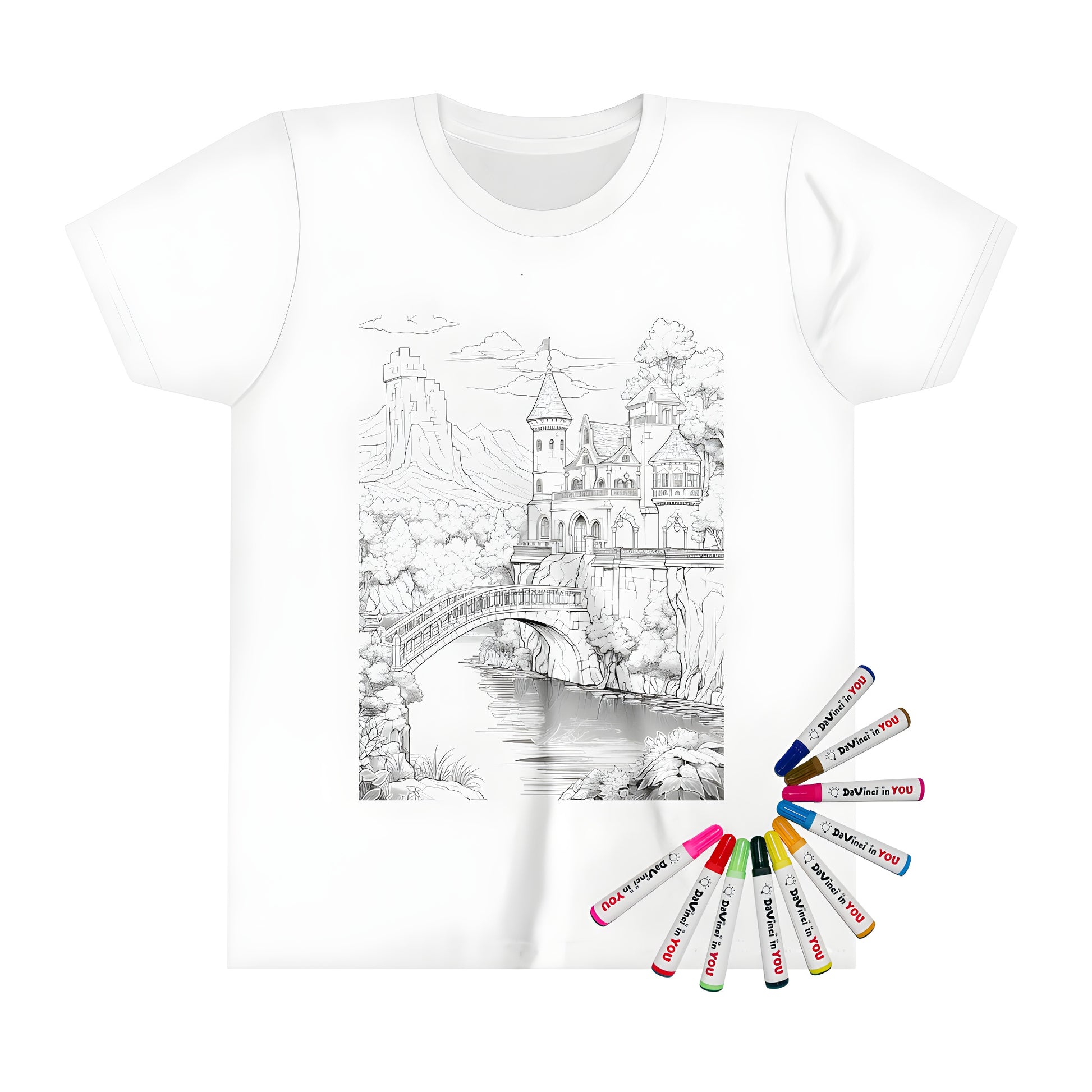 Coloring page of a medieval fortress printed on a kid's t-shirt