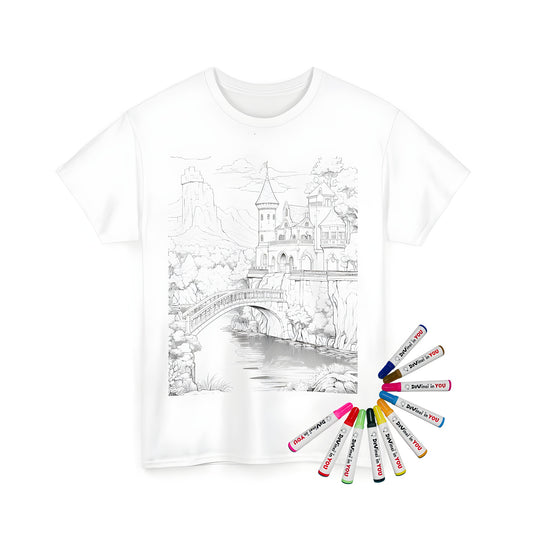 Coloring kit with medieval castle design on unisex t-shirt