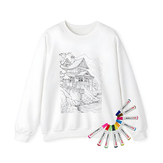 Adult coloring kit sweatshirt with detailed black and white mountain lodge drawing, surrounded by trees and mountains