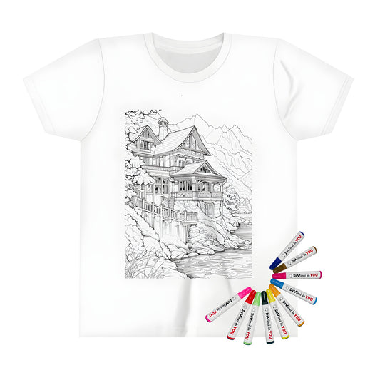 Kid's t-shirt featuring a colorful mountain lodge illustration by a serene river, surrounded by vibrant trees and majestic mountains