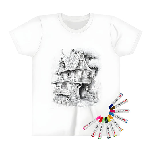 Kid's t-shirt with rustic treehouse design, perfect for kids who love to color and play outside