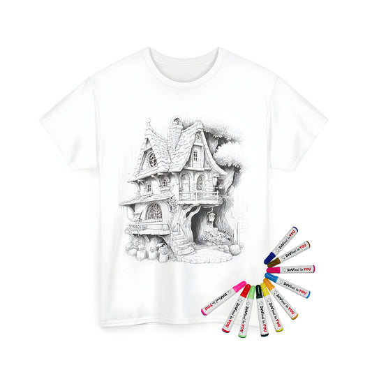 Unisex T-shirt with a detailed black-and-white sketch of a rustic treehouse design, featuring stone steps and wooden elements for men and women