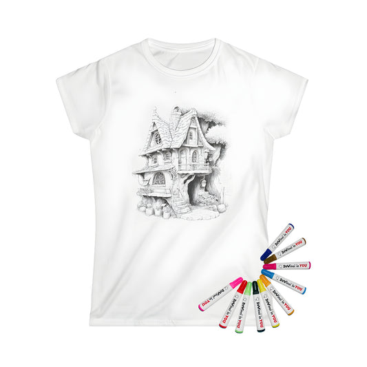 Women's T-shirt featuring a detailed black-and-white sketch of a rustic treehouse built around a large tree, with stone steps and wooden elements