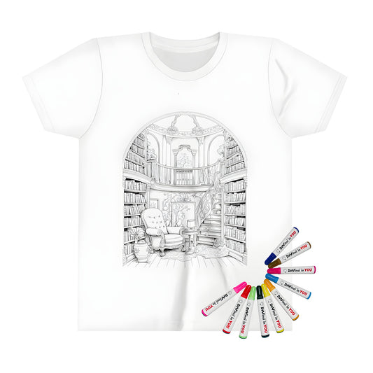 Coloring kit kid's t-shirt with intricate library bookshelf design featuring bookworm, cozy reading nook, and educational