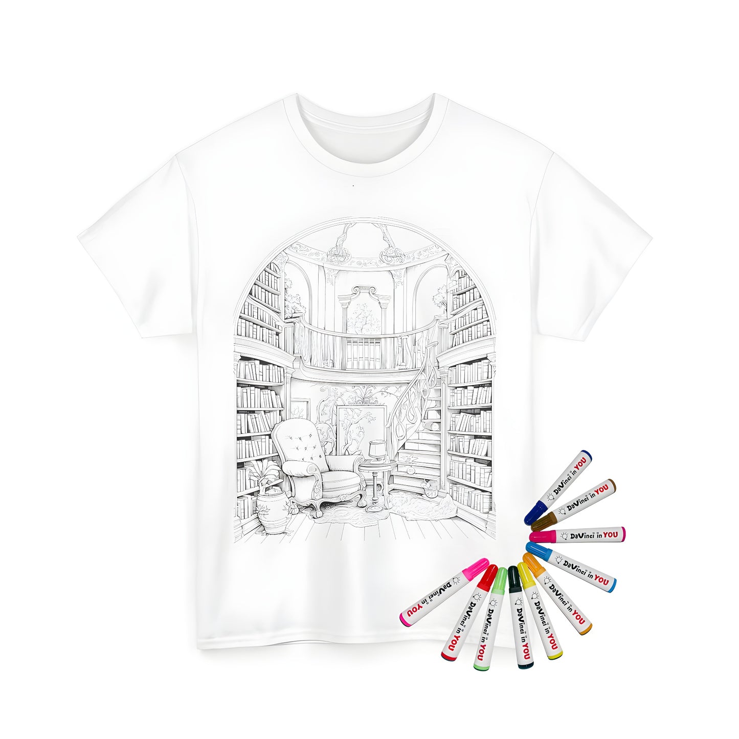 Unisex t-shirt with intricate line art of cozy book room, study, or reading nook featuring bookshelves, staircase, and armchair print