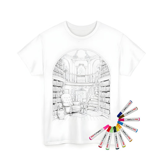 Unisex t-shirt with intricate line art of cozy book room, study, or reading nook featuring bookshelves, staircase, and armchair print