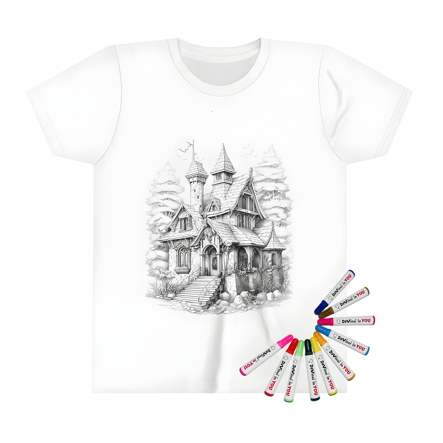 Colorful kids' t-shirt featuring an imaginative fantasy mansion illustration with towers, stone steps, and a whimsical forest landscape.