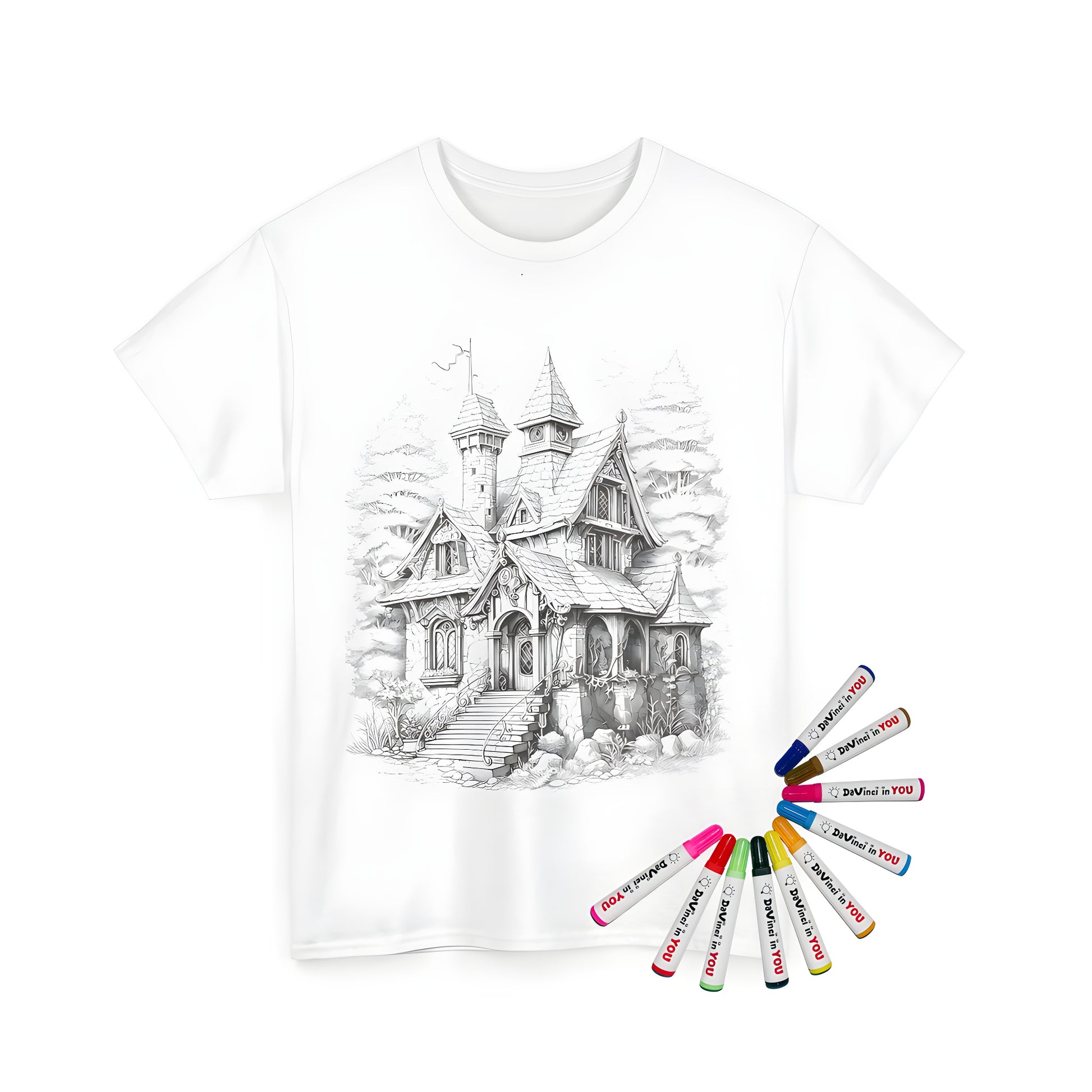 Unisex t-shirt featuring a colorful fantasy house design with towers, stone steps, and a scenic forest background