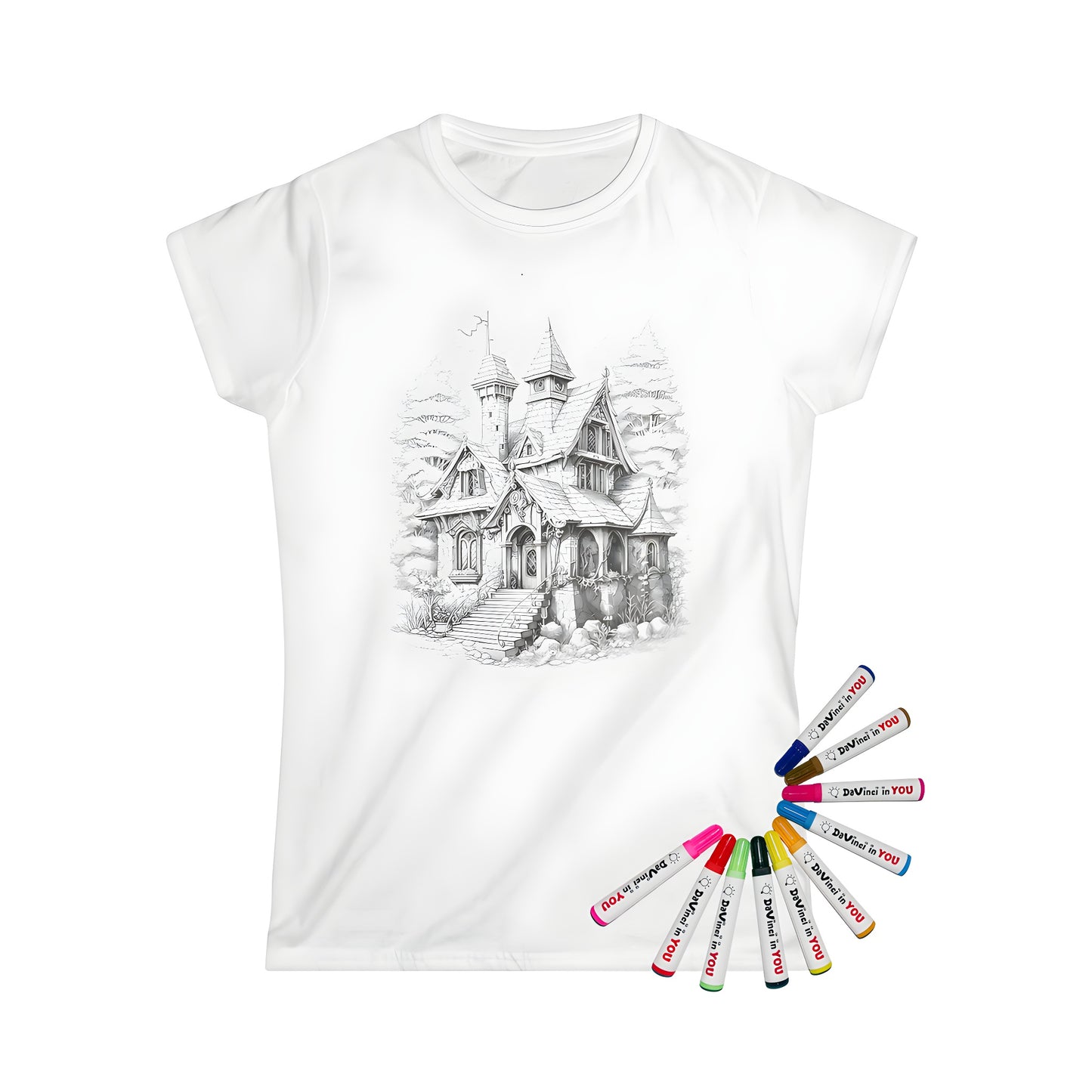 Women's t-shirt with a whimsical fantasy house design featuring towers, stone steps, and a serene forest background.