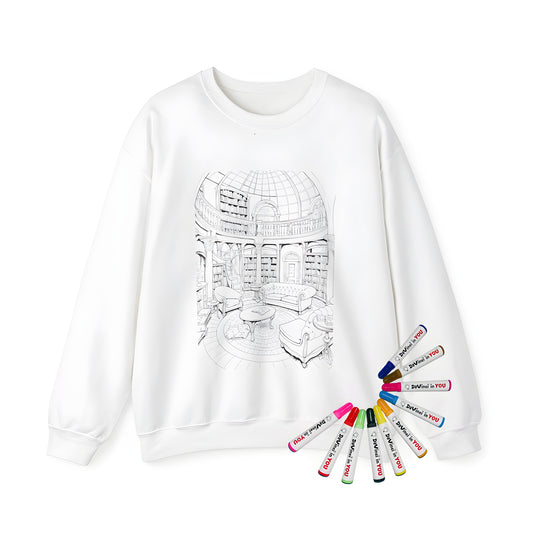 Adult sweatshirt featuring an vintage library room design on a black and white coloring page. Classic study-inspired artwork of old bookshelves, mezzanine, and elegant furniture perfect for reading.