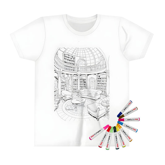 Coloring page inspired kid's t-shirt with vintage library room design, featuring tall bookshelves and elegant furniture