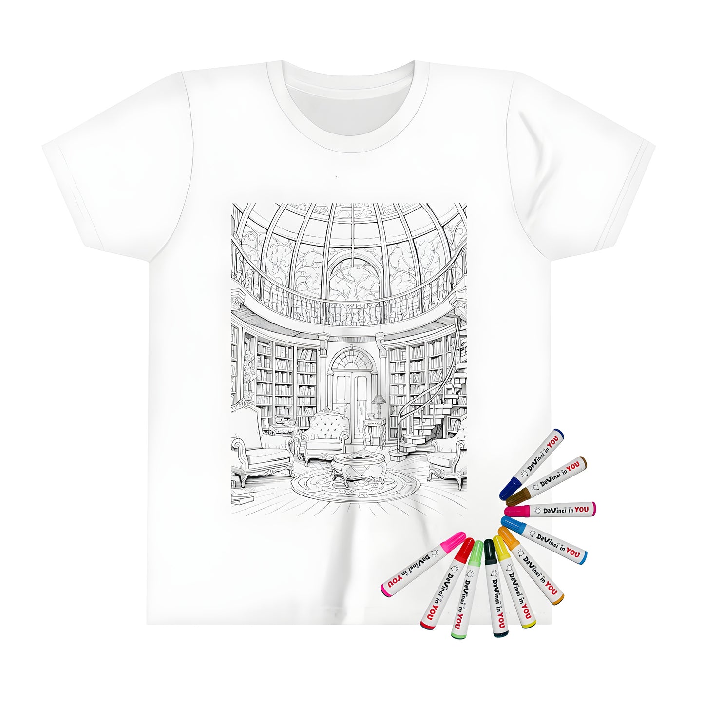 Kid's T-shirt featuring a vibrant coloring page of an elegant library, complete with bookshelves, antique furniture, domed ceiling, and spiral staircase - perfect for young literature lovers