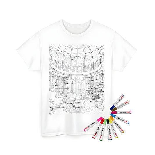 Colorful Unisex t-shirt featuring a luxurious library design with bookshelves, vintage furniture, dome ceiling, and spiral staircase