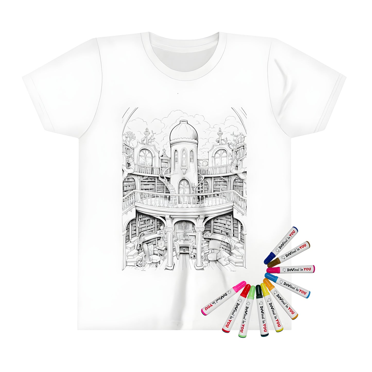 Coloring page design of a grand library on a kid's t-shirt