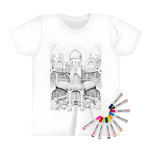 Coloring page design of a grand library on a kid's t-shirt