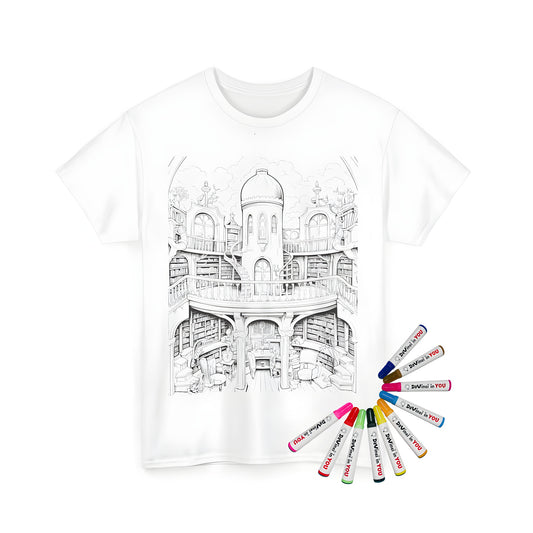 Coloring kit on unisex t-shirt with detailed library design