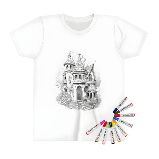 Kids' t-shirt with enchanting fantasy cottage and lush greenery print