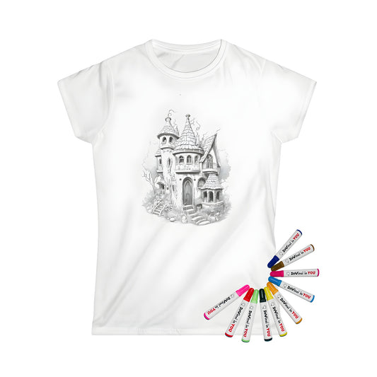 Women's t-shirt with whimsical house design featuring towers and lush vegetation