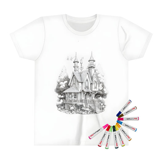 Whimsical fantasy mansion illustration on kid's t-shirt