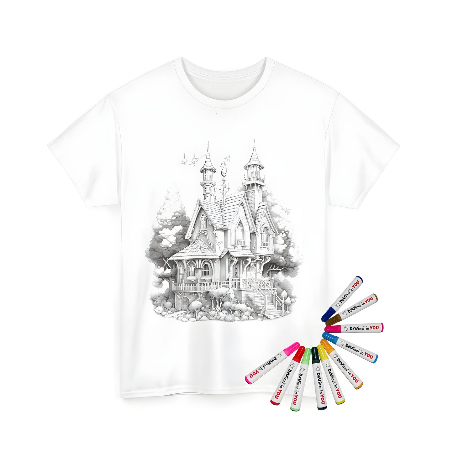 Unisex T-shirt featuring a whimsical house illustration with turrets and ornate features, surrounded by trees