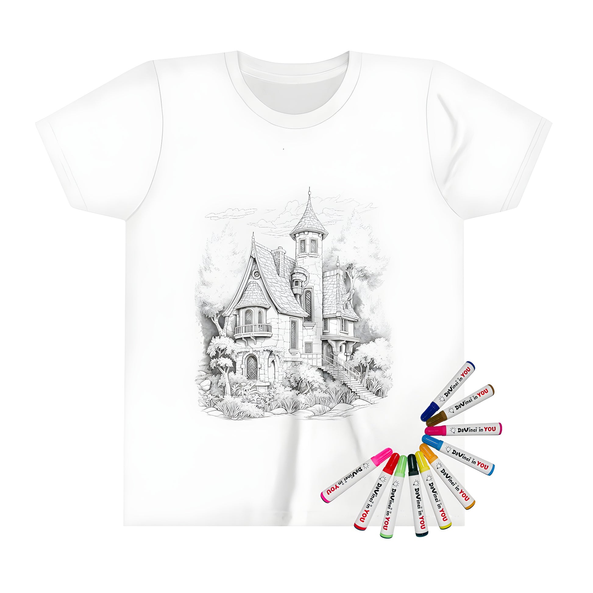 Whimsical kid's t-shirt featuring an enchanting fantasy house design