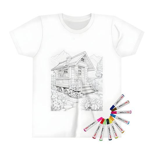 Kid's T-shirt featuring a colorful wooden cottage garden scene design