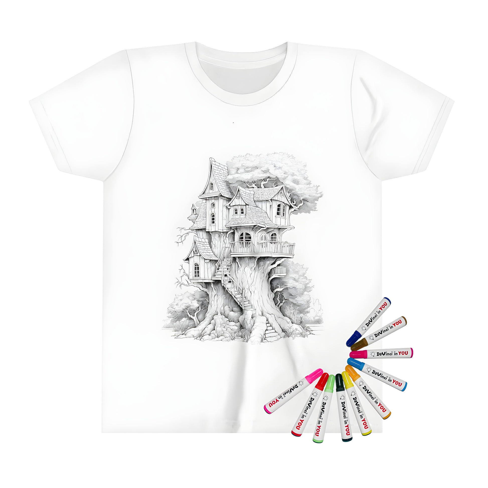 Colorful kid's t-shirt featuring a whimsical treehouse design with wooden stairs and trees