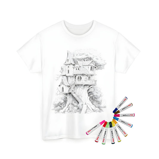 Unisex t-shirt featuring a colorful drawing of a treehouse with wooden stairs and nestled among trees