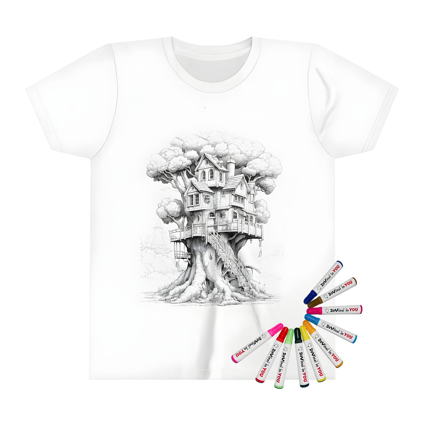 Coloring page inspired kid's t-shirt with a detailed black and white drawing of a treehouse nestled within an old tree