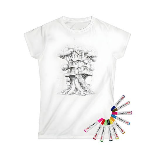 Coloring kit with women's t-shirt featuring a whimsical treehouse design with intricate details and a winding staircase