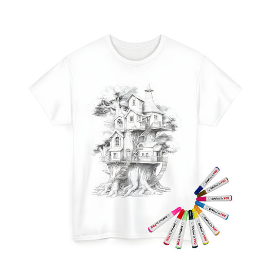 Whimsical fantasy treehouse illustration on unisex t-shirt