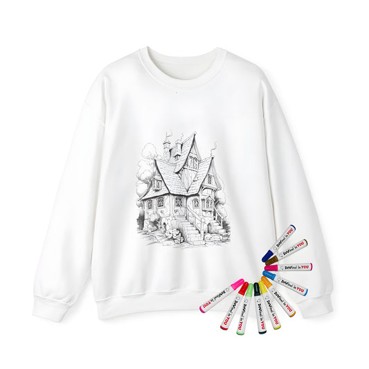 Adult sweatshirt with whimsical cottage illustration, fantasy home design, fairytale house, and coloring pages inspired by fairy tales.